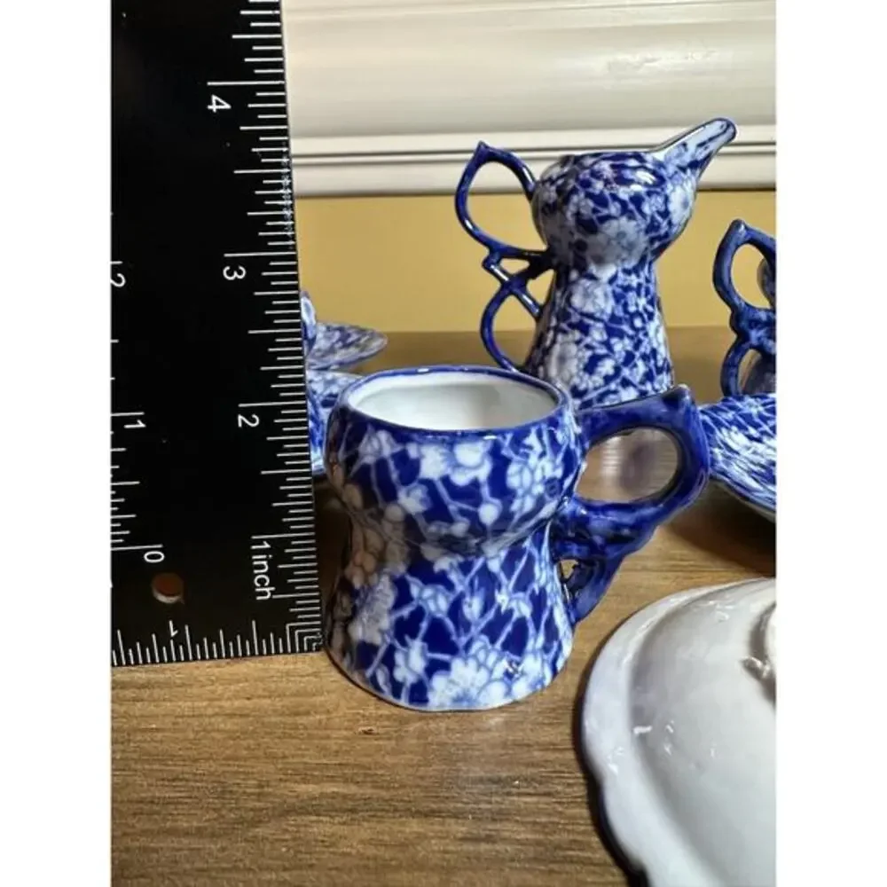 Victoria Ware Stoneware Small‎ Tea Cups Saucers Sugar Creamer Cobalt Flue Floral